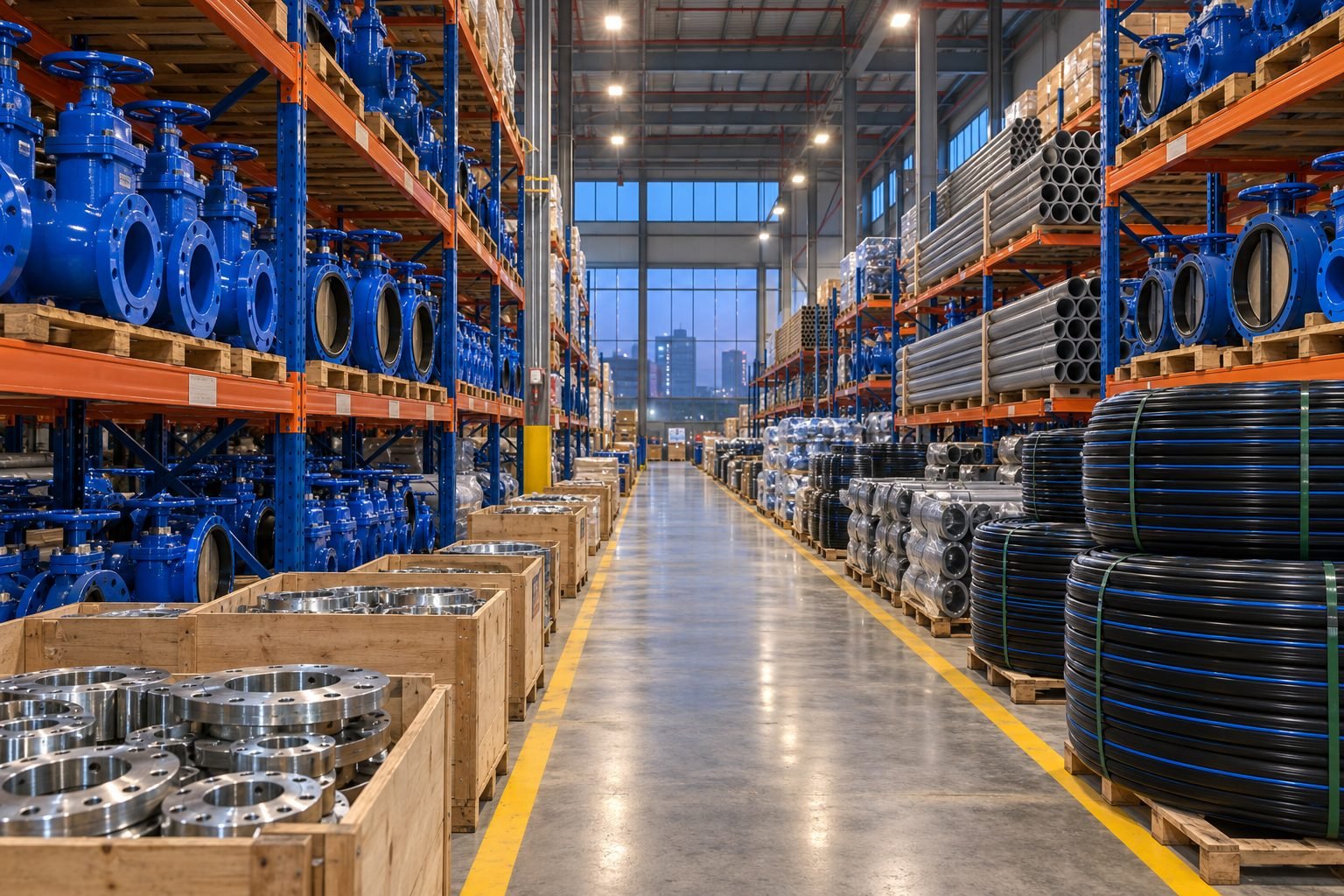 Depósito exportador en Shanghái con válvulas, tubería HDPE, bridas y PVC