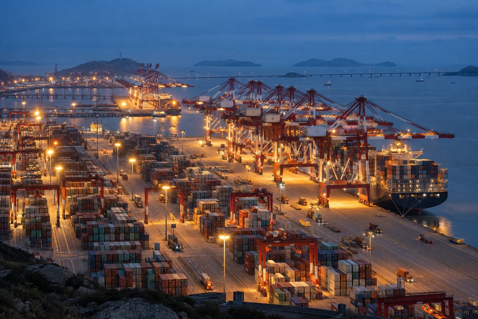 Puerto de aguas profundas de Yangshan, Shanghái, al anochecer